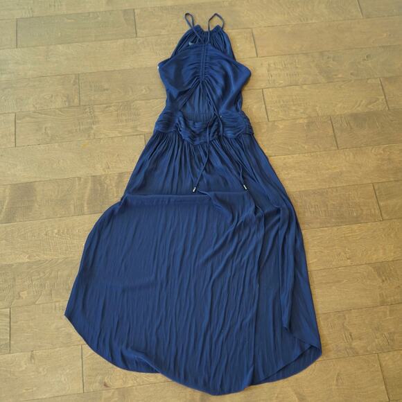 Ramy Brook Ruched Back Pleated Midi Dress Navy Womens Size 0 - Picture 2 of 9